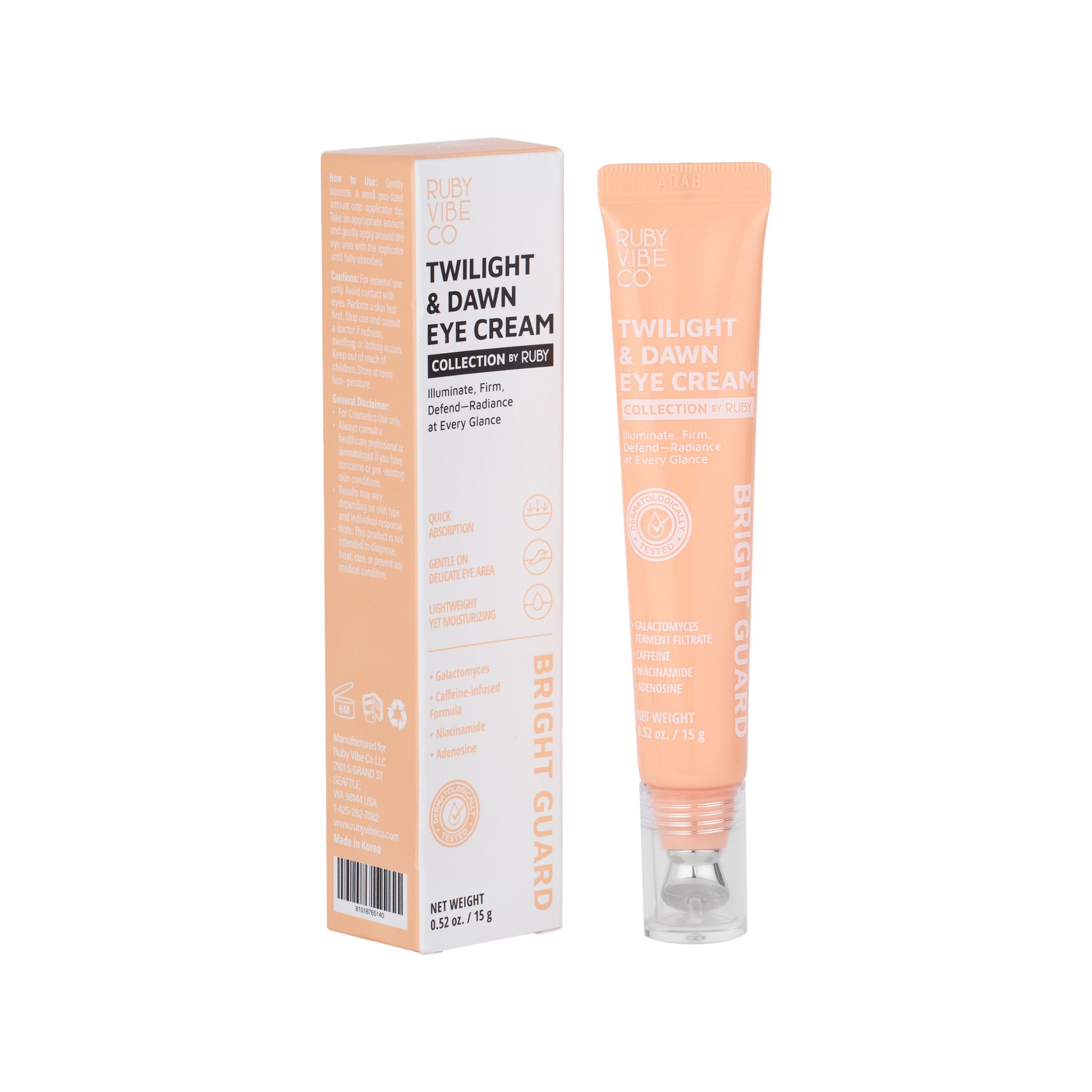 A product shot of Twilight & Dawn Eye Cream, highlighting its packaging and ingredients, presented as a guide to skincare for dark circles.