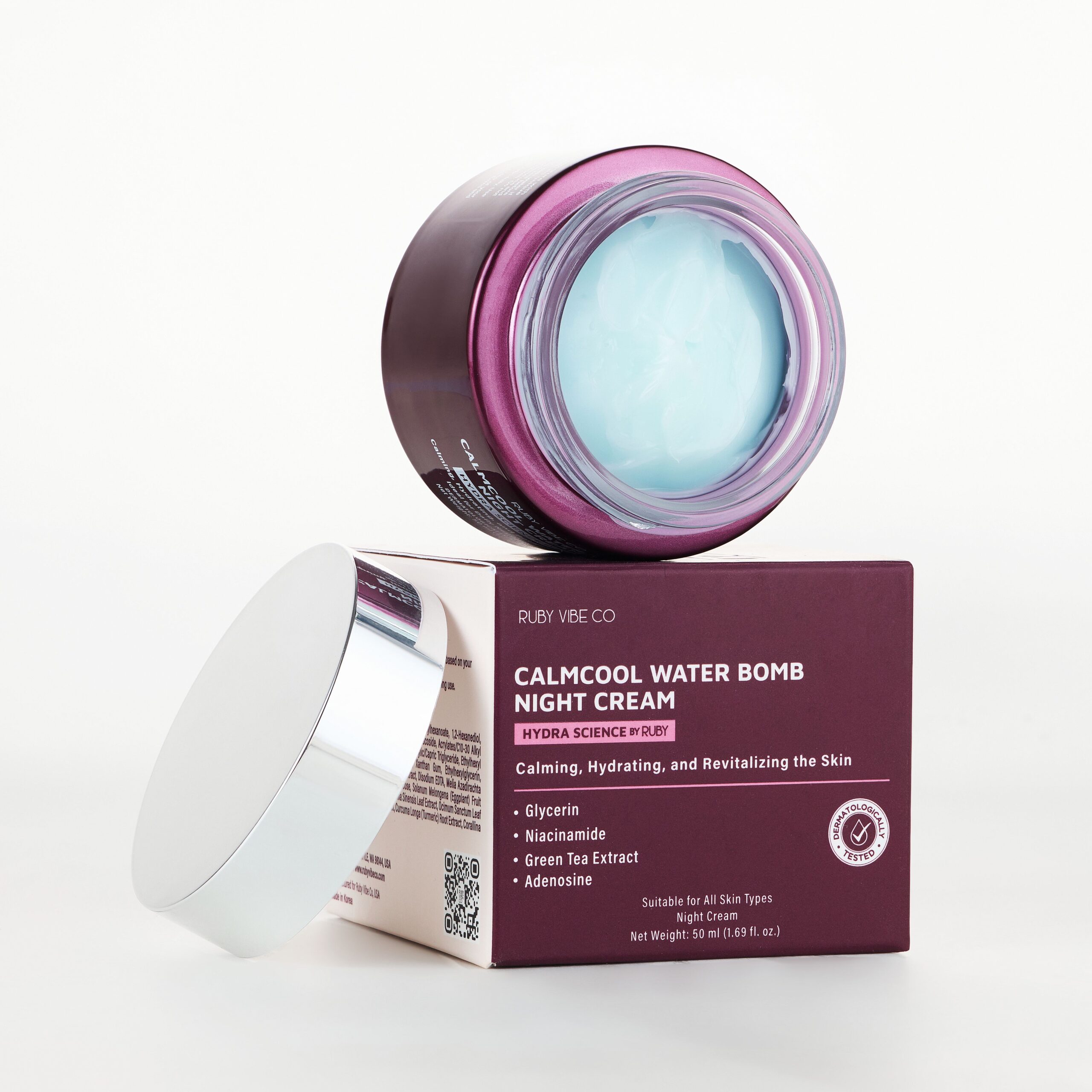 A product shot of Calmcool Water Bomb Night Cream, showcasing the light blue gel texture and its packaging, reviewed as one of the best moisturizers for oily skin.