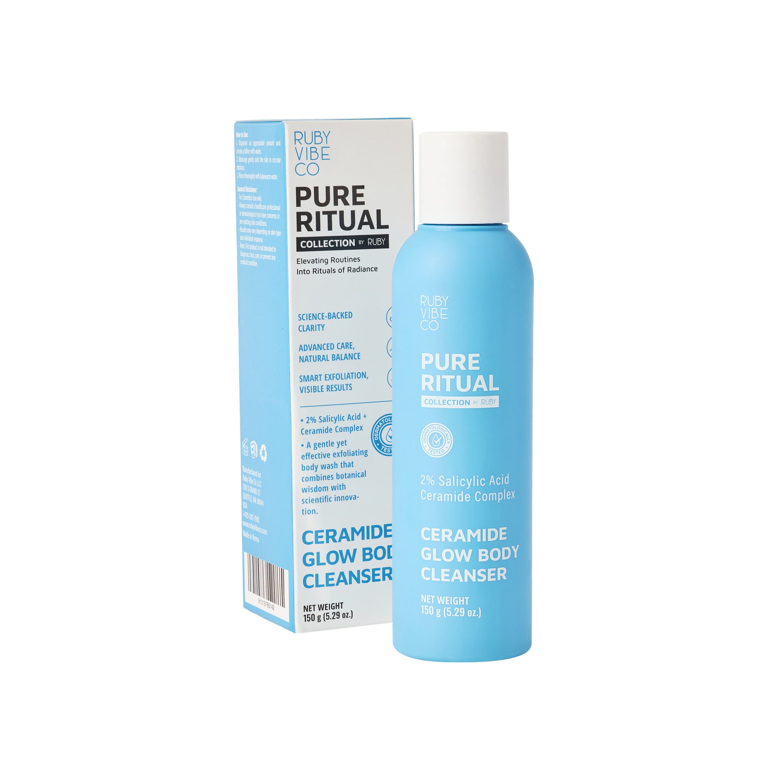 A product shot of Ruby Vibe Co. Pure Ritual Ceramide Glow Body Cleanser with its packaging, highlighting the 2% Salicylic Acid and Ceramide Complex, which are key ingredients for treating back acne.